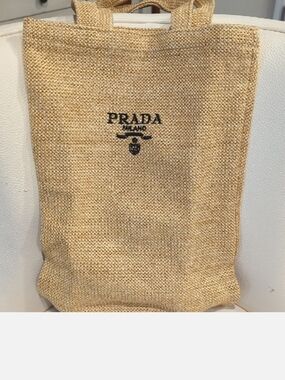 Prada Beige Jute Tote with Black Logo - Women's Carryall